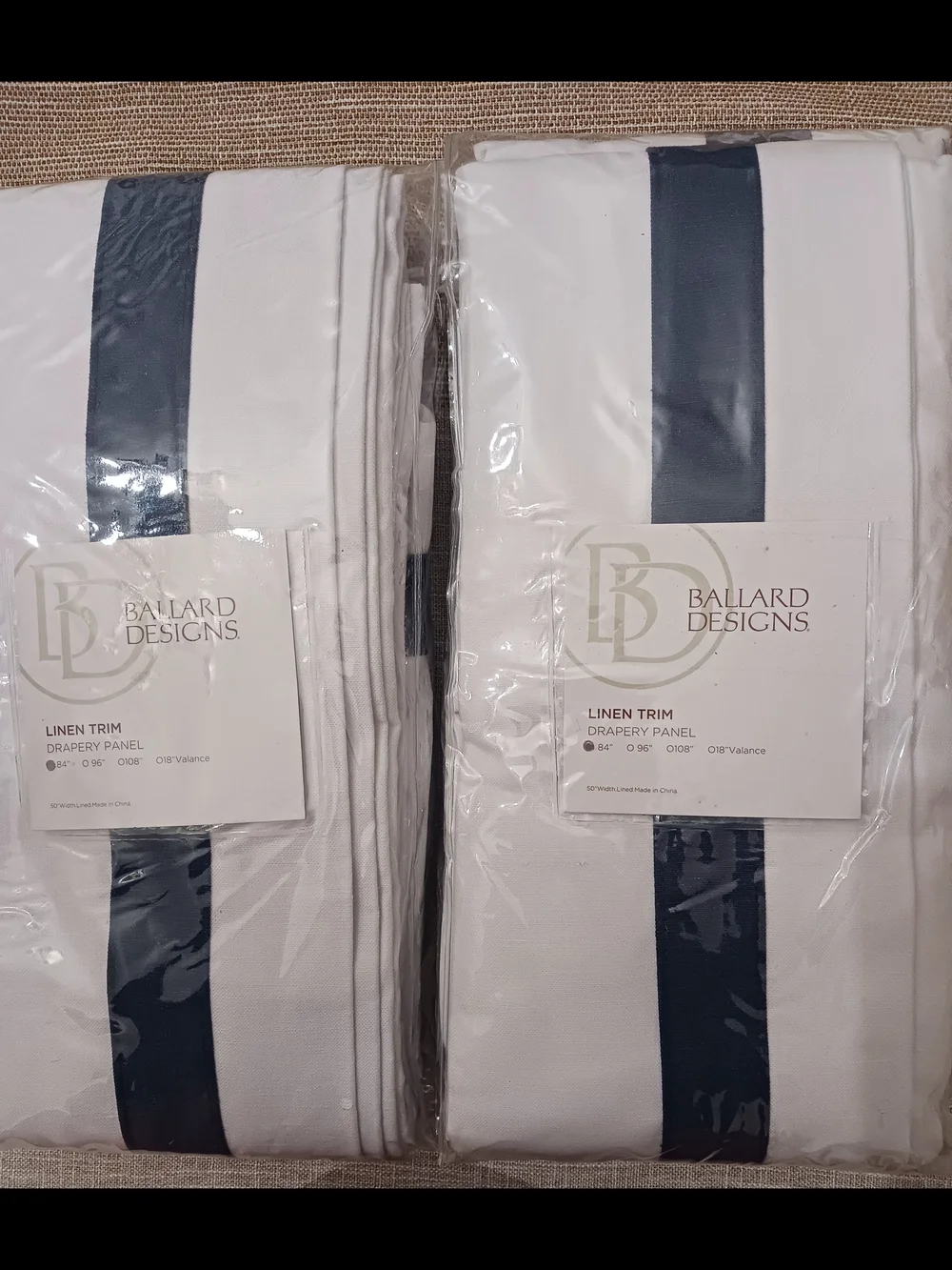NWT Ballard Designs Linen Trim Drapery Panels White Marine Blue Pair 50x84